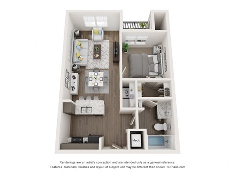 Floor plan for 1 bed, 1 bath, 651 sqft